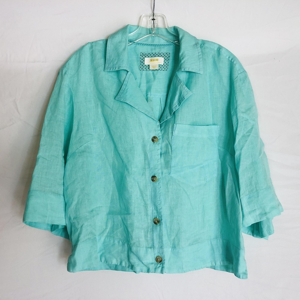Maeve Anthropologie Shirt Womens Small Turquoise Linen Button Camp Collar Boxy